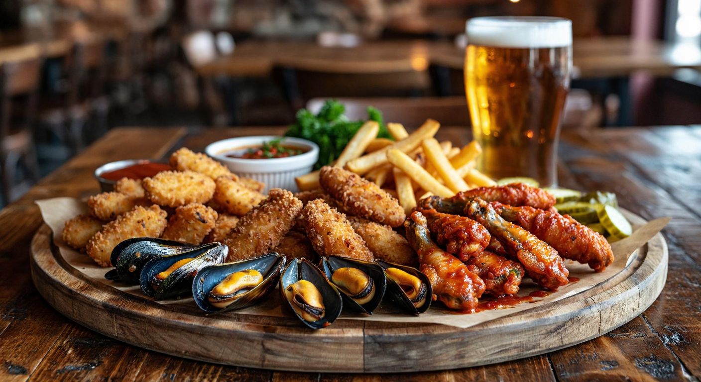 A rustic wooden table in a cozy Turkish tavern is laden with golden-fried mussels, crispy calamari, spicy chicken wings, thick-cut fries, dried beef slices, and pickles, all surrounding a frosty glass of beer.