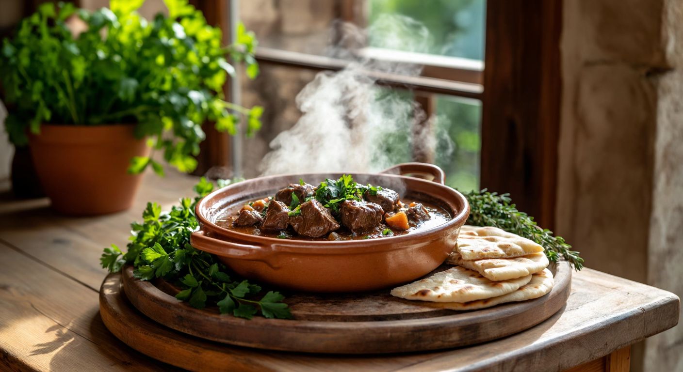A steaming clay pot of tender lamb stew with rich brown gravy, surrounded by fresh herbs and warm flatbread, set on a rustic wooden table in a sunlit Anatolian kitchen.