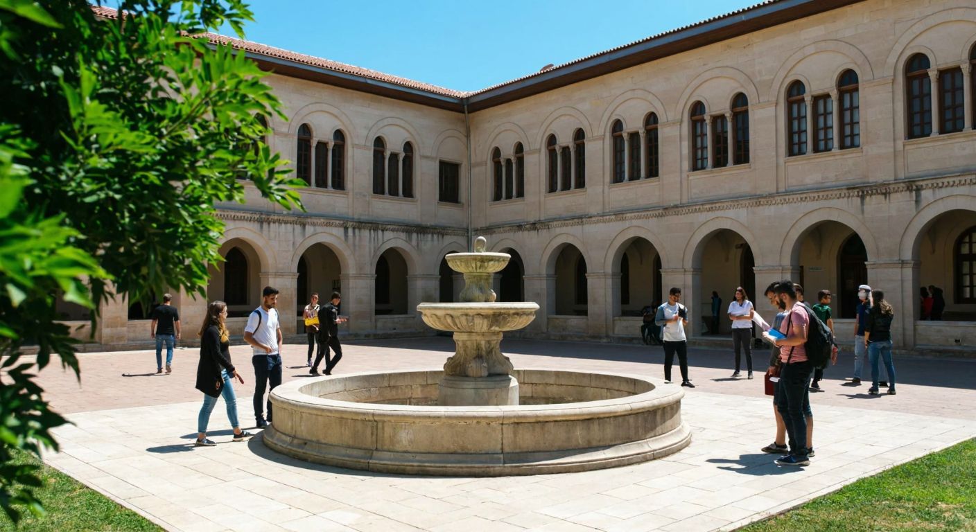 A sunlit university courtyard in Edirne, Turkey, with students carrying books and discussing near a stone fountain, surrounded by historic academic buildings with arched windows.