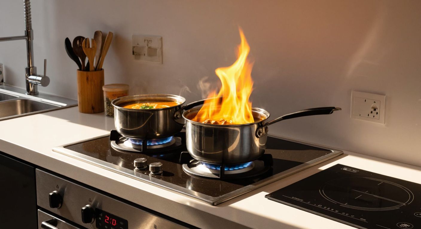 A modern Turkish kitchen with a stainless steel gas stove on the countertop, flames flickering under a bubbling pot of çorba, while a sleek electric induction cooktop sits beside it, reflecting sunlight from the window.