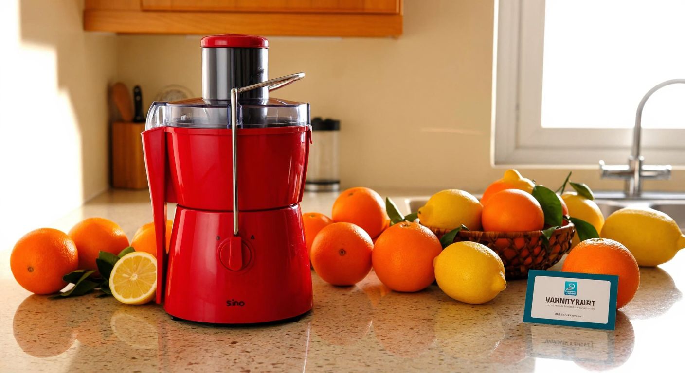 A bright red Sinbo fruit juicer sits on a sunlit kitchen counter in Turkey, surrounded by fresh oranges and lemons, with a warranty card tucked neatly beside it.