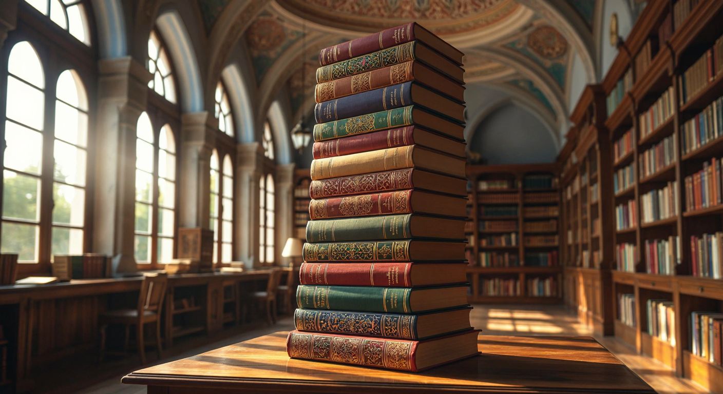 A towering stack of 466 colorful books with ornate spines, placed on a wooden table in a cozy Turkish library with warm sunlight streaming through arched windows.