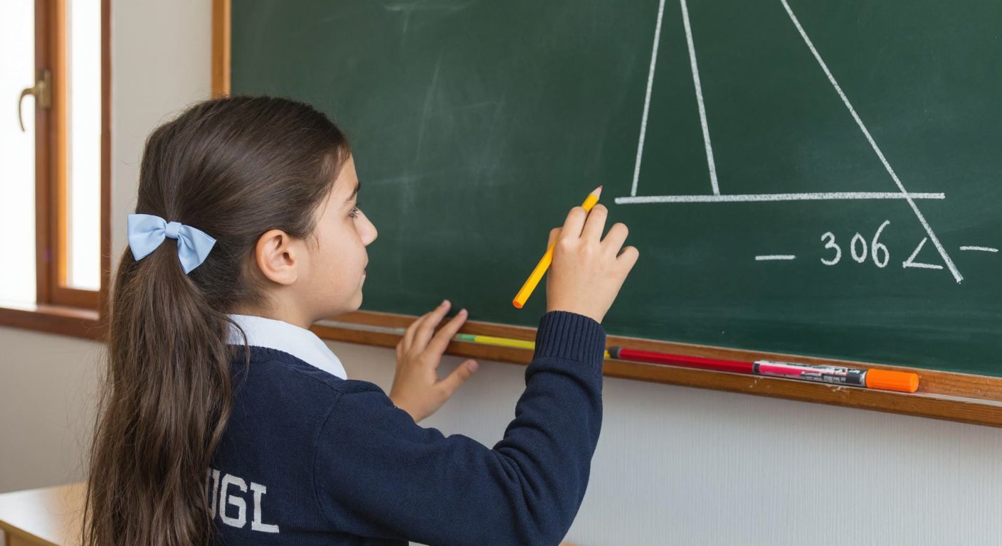 A young student in a Turkish classroom, wearing a school uniform, eagerly solving a trigonometry problem on a chalkboard with a right triangle and a 30-degree angle.