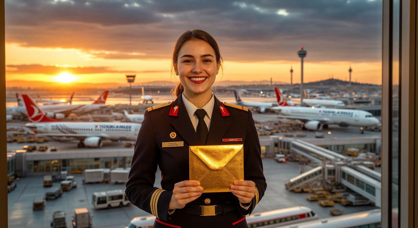 A smiling Turkish Airlines employee in uniform holding a golden envelope against a backdrop of a bustling Istanbul airport terminal, with a warm sunset glow reflecting off the planes outside.