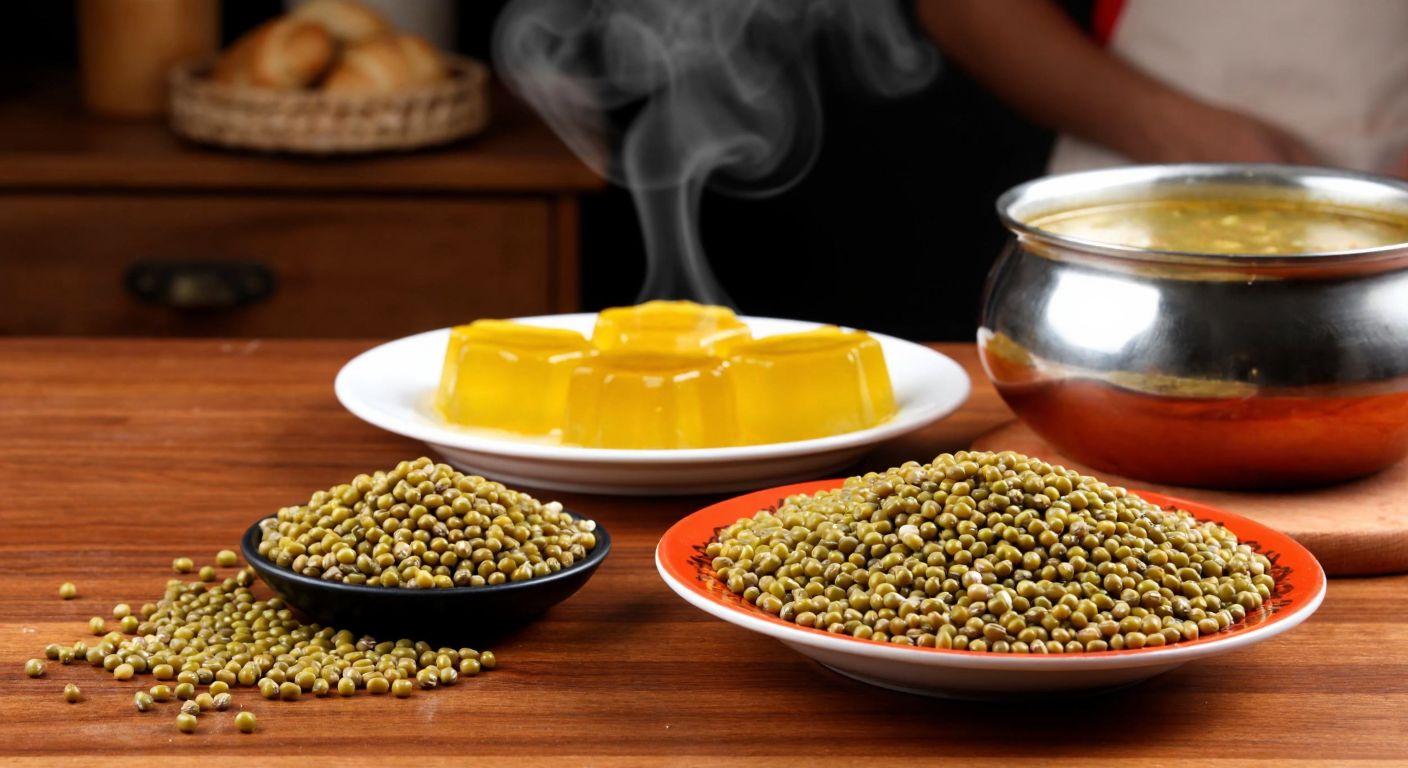 A vibrant Turkish kitchen scene with a steaming bowl of thick soup, a plate of translucent jellied desserts, and a handful of mung beans scattered on a wooden counter, evoking warmth and culinary tradition.