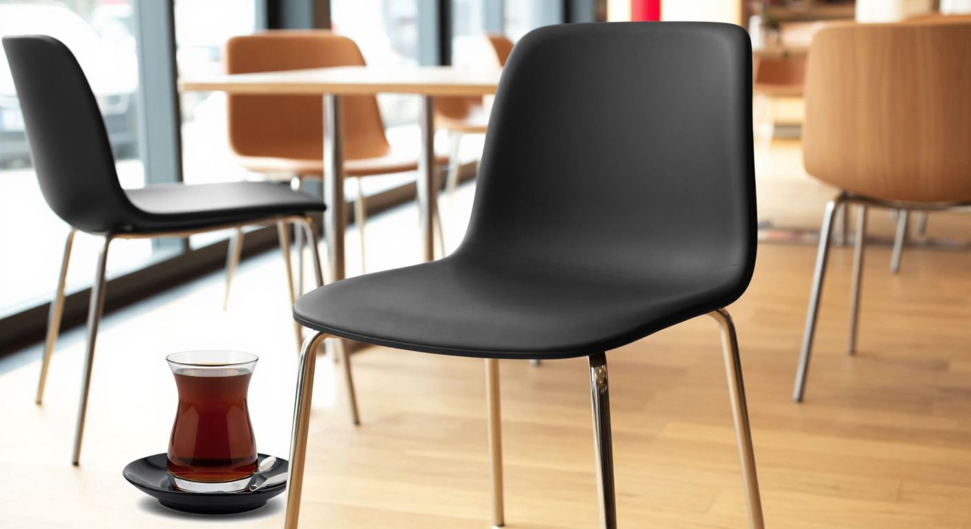A sleek, modern black Form chair with a high backrest and sturdy metal legs, placed in a bright Turkish café with warm wooden tables and a steaming cup of Turkish coffee beside it.