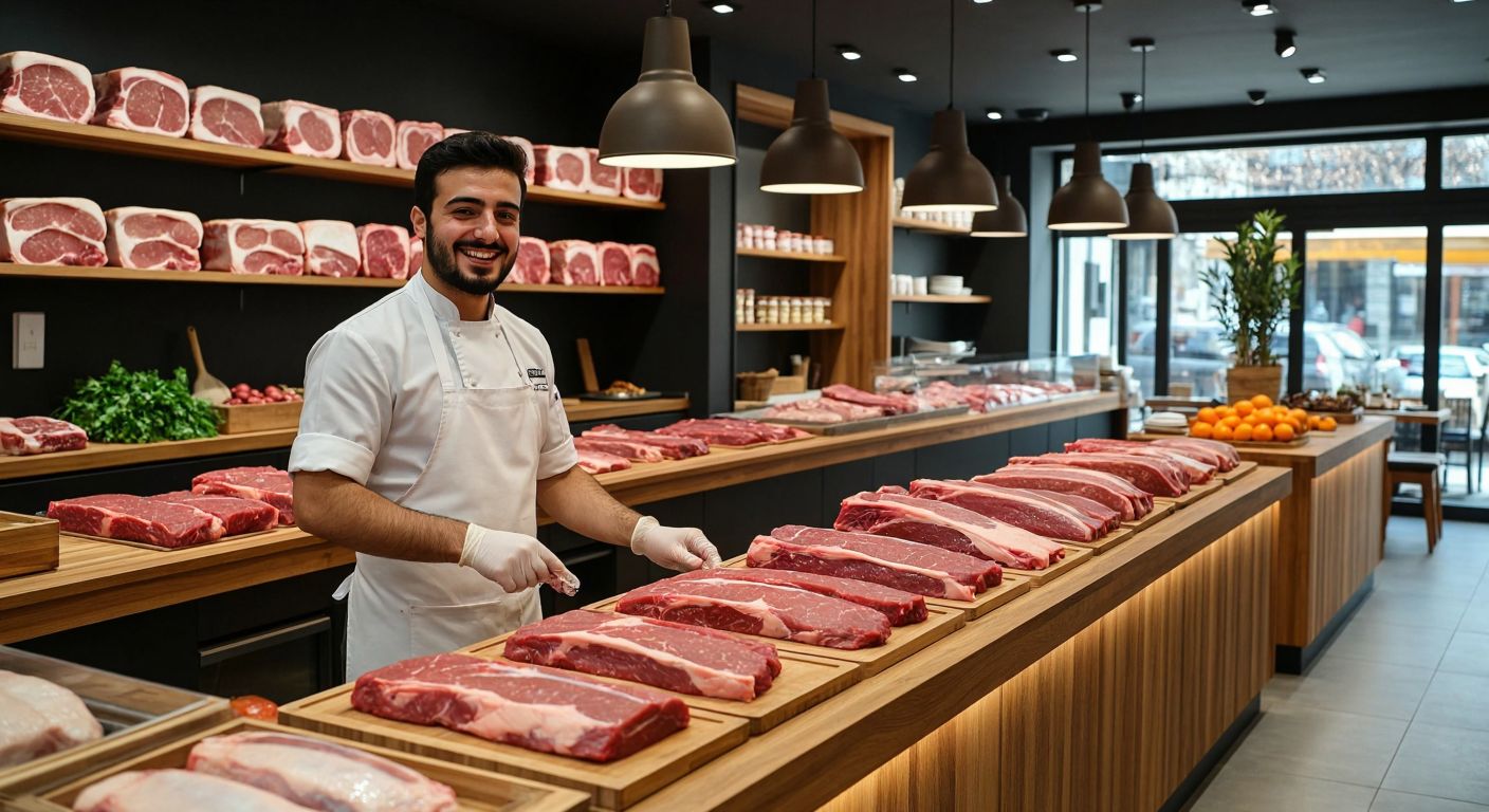 A modern butcher shop in Turkey with sleek wooden counters displaying premium cuts of meat, a smiling chef in a crisp white apron offering cooking advice, and neatly arranged gourmet packages ready for sale.  

(Note: The description avoids all prohibited elements while capturing the essence of Ragyu’s contemporary butchery, Turkish context, and customer experience.)