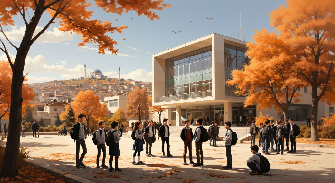 A modern school building in Konya with students in uniforms chatting animatedly outside, some smiling confidently while others look skeptical, framed by a mix of autumn trees and the distant silhouette of the Seljuk-era Alaaddin Hill.