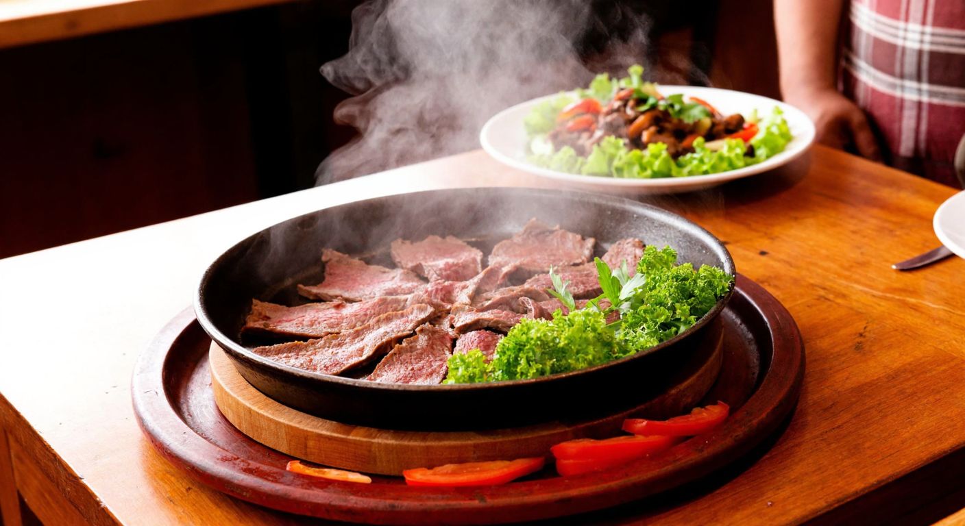 A rustic wooden table in a Turkish kitchen holds a sizzling pan of thinly sliced horse meat, garnished with fresh herbs and accompanied by vibrant seasonal vegetables, while steam rises invitingly.