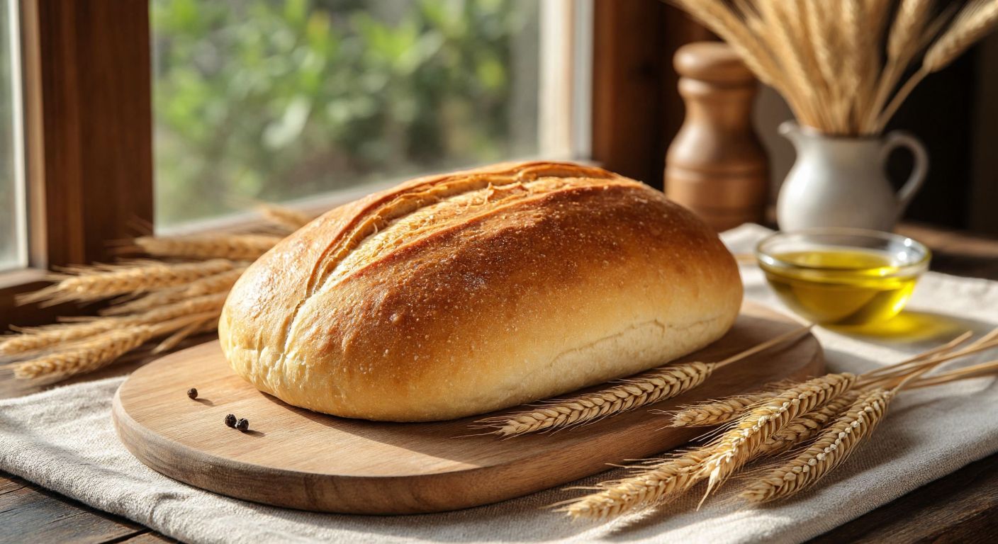 A golden-brown loaf of freshly baked sarı buğday bread sits on a wooden cutting board in a sunlit Turkish bakery, surrounded by wheat stalks and a small bowl of olive oil, evoking warmth and nourishment.
