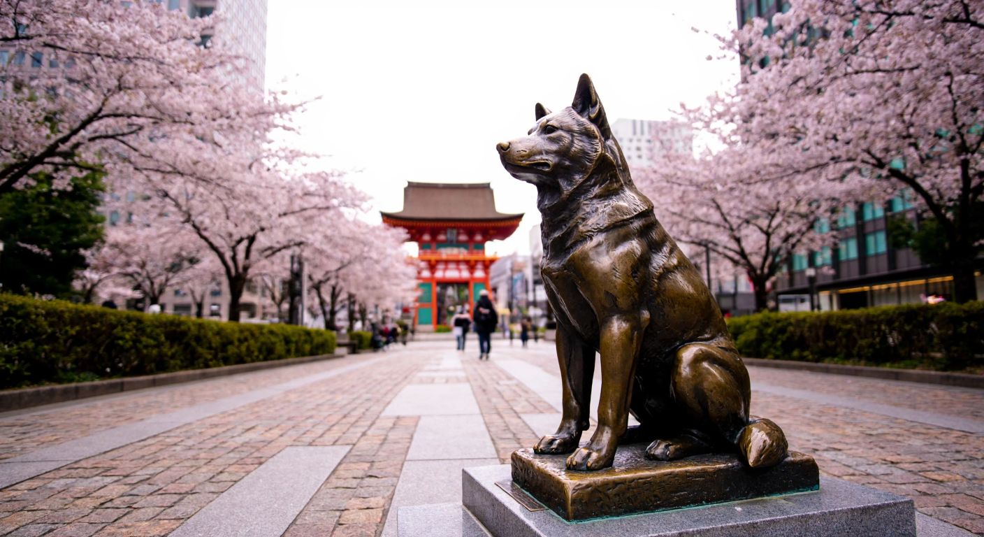 A bronze statue of a loyal Akita dog sitting patiently on a cobblestone plaza, with cherry blossom petals drifting in the air around it, evoking the story of Hachiko in Tokyo.