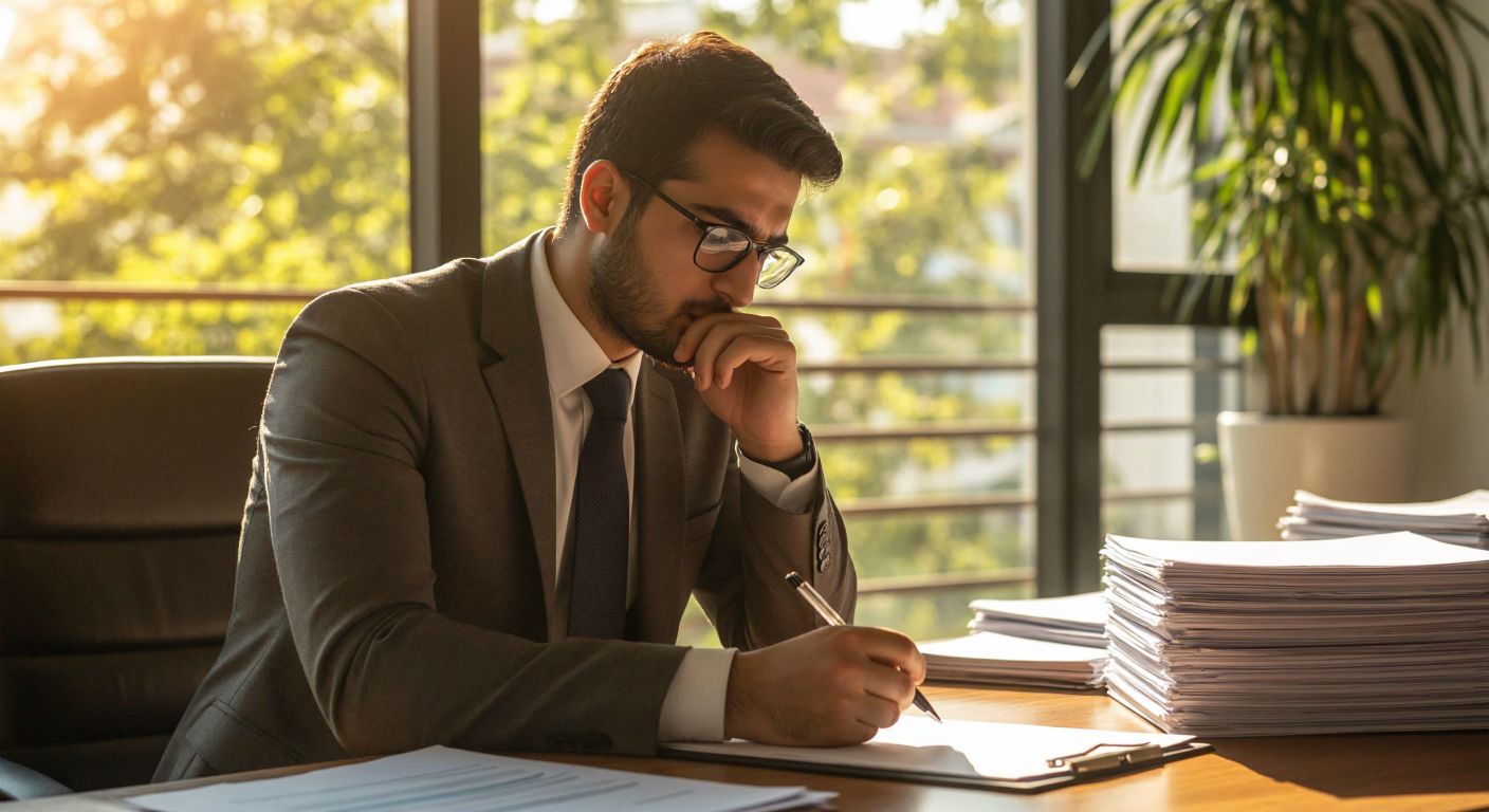A focused office worker in Turkey, dressed in business attire, thoughtfully holding a pen over a blank form on a wooden desk, with a neatly organized stack of documents beside them and warm sunlight streaming through the window.