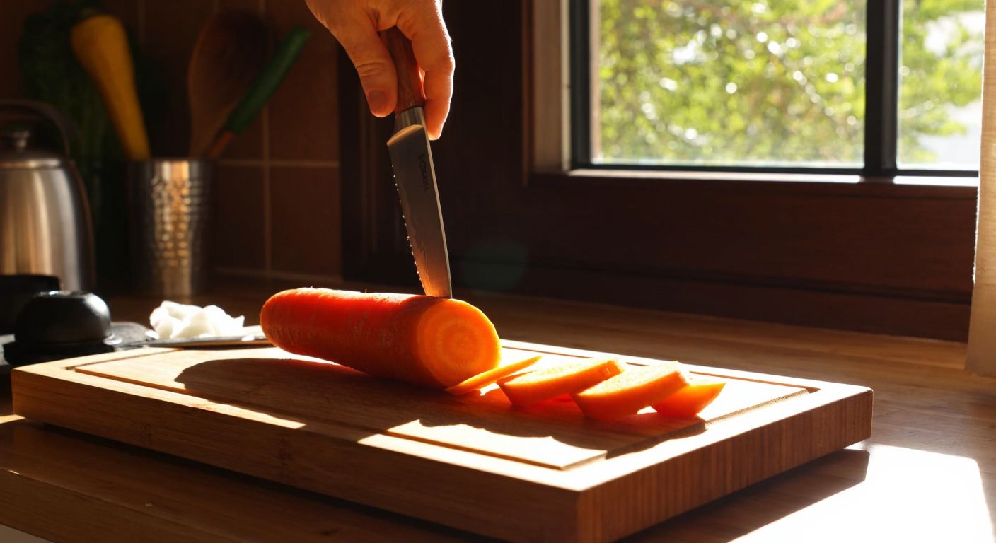 A sharp knife slicing through a freshly washed and peeled orange carrot on a wooden cutting board in a sunlit Turkish kitchen.