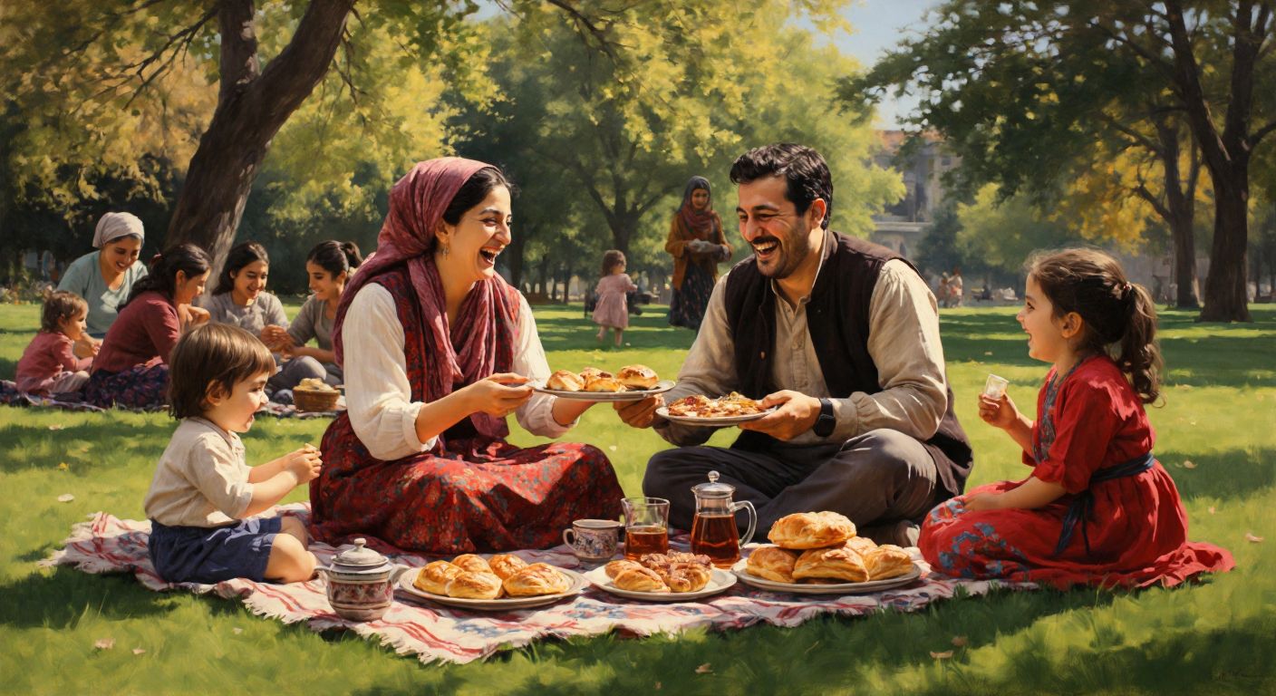 A cheerful Turkish family picnicking in a sunny park, laughing as they share a tray of börek and çay, with children playing nearby and colorful blankets spread on the grass.