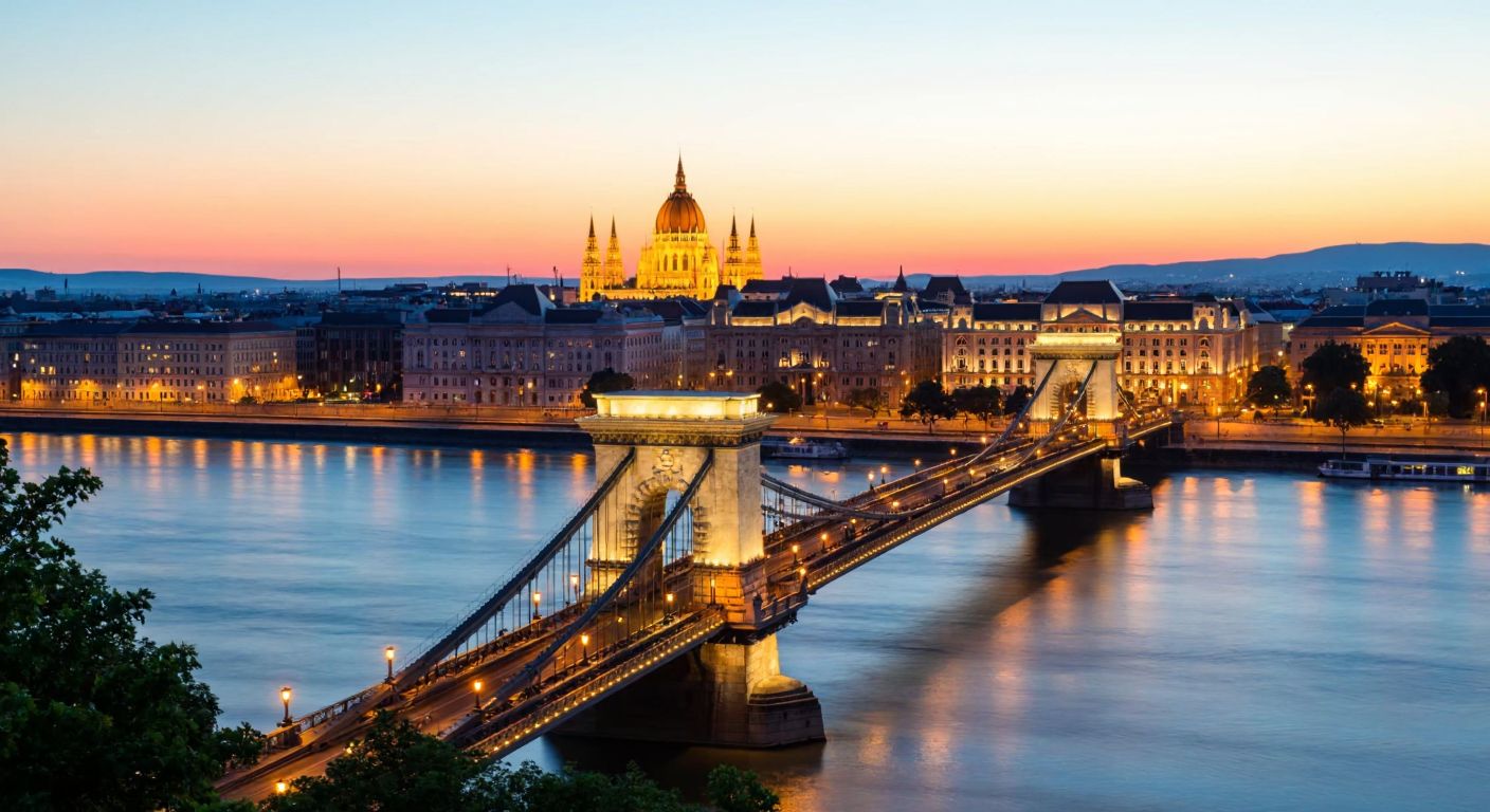 A grand view of Budapest's iconic Chain Bridge spanning the Danube River at sunset, with the Hungarian Parliament Building glowing in the background.