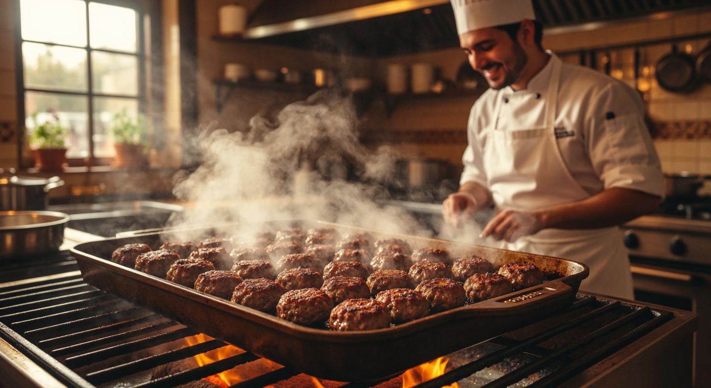 A golden-brown tray of sizzling köfte fresh from the oven, surrounded by steam, with a warm kitchen backdrop and a smiling chef in a white apron checking the dish.