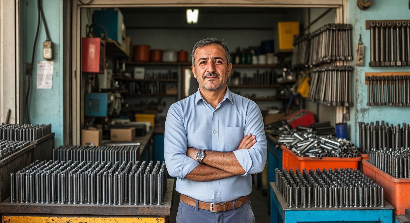 A middle-aged Turkish man in a business shirt stands proudly in front of a small industrial workshop in Istanbul, surrounded by neatly organized metal bolts and screws.