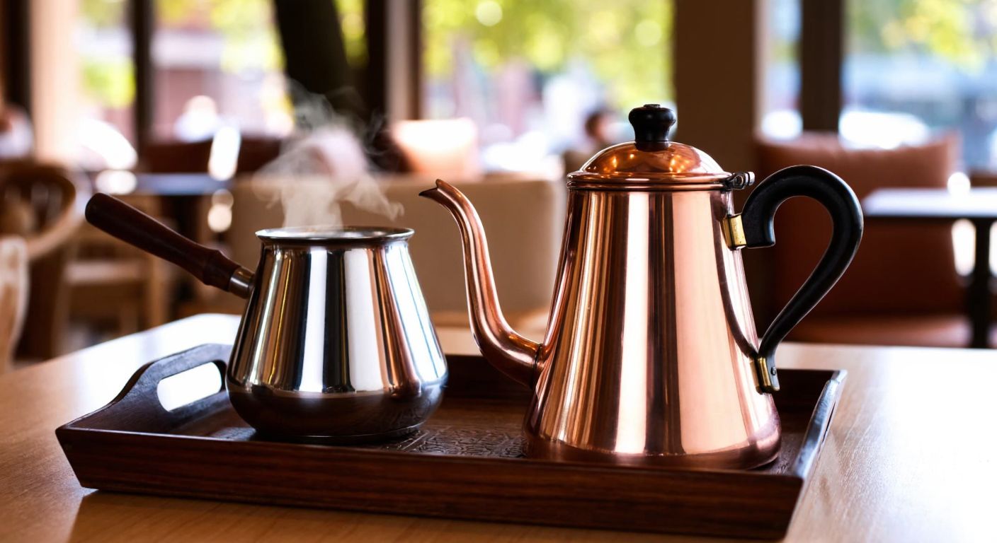 A gleaming stainless steel Turkish coffee pot (cezve) sits beside a larger 2.5-liter copper tea kettle, both resting on a traditional wooden tray with steam rising against a warm, sunlit café backdrop.