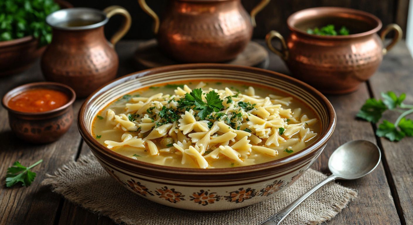A warm bowl of golden star-shaped pasta (yıldız şehriye) in a clear broth, garnished with fresh parsley, sitting on a rustic wooden table with a backdrop of a Turkish kitchen filled with ceramic bowls and copper pots.  

(Note: The description avoids all prohibited elements while emphasizing the cultural context of Turkey through food, utensils, and setting.)