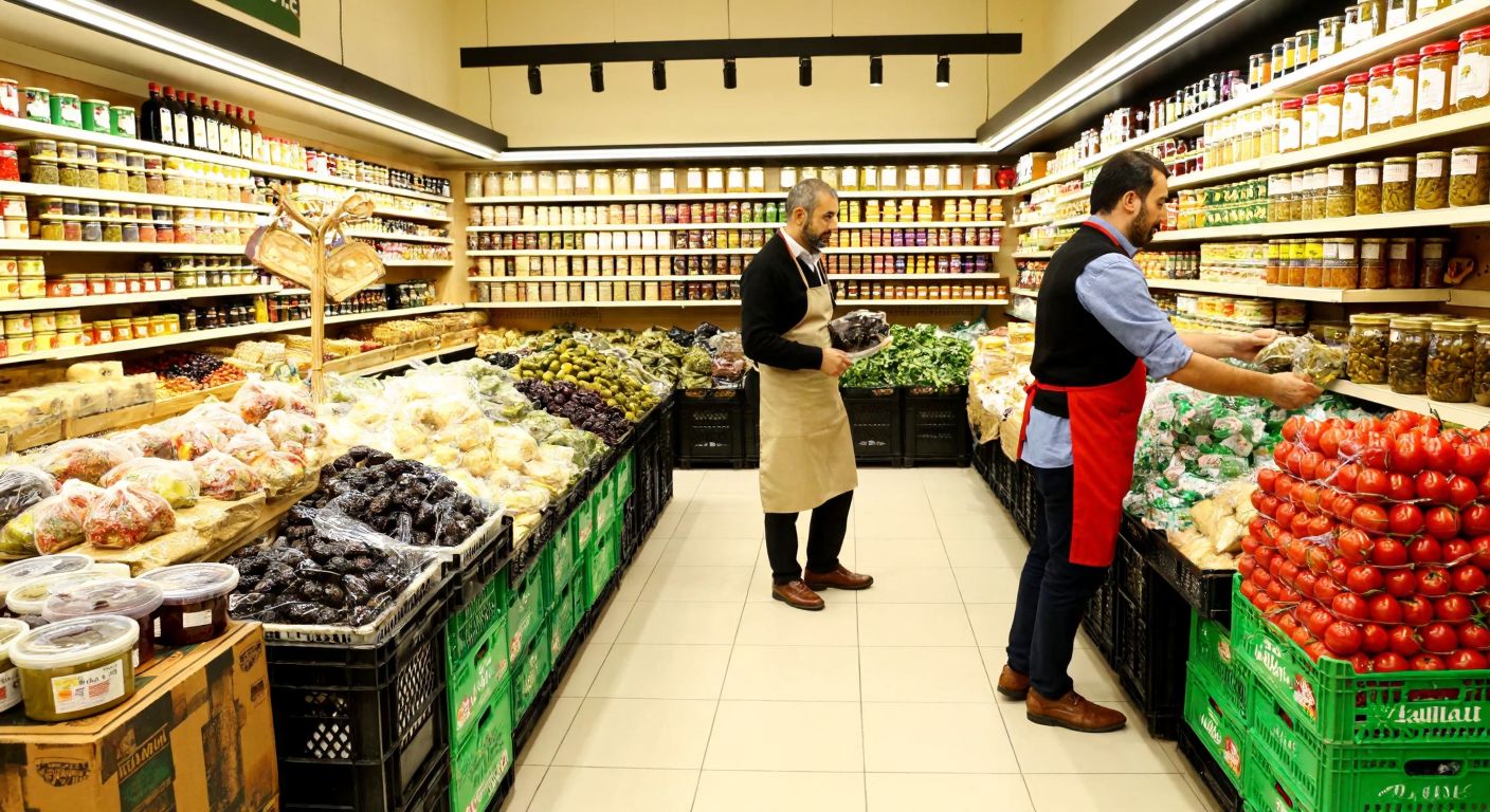 A bustling Turkish supermarket with neatly stacked shelves of local food products like olives, spices, and packaged goods, while a shopkeeper in an apron assists a customer near a wholesale section with crates of fresh produce.