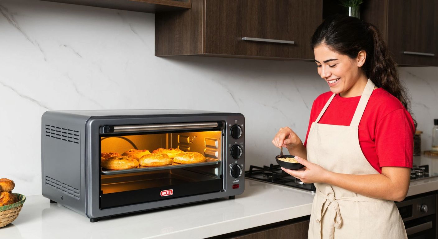 A sleek gray Akel brand oven sits on a kitchen counter, glowing warmly as golden pastries bake inside, while a smiling Turkish woman in an apron checks the timer with satisfaction.