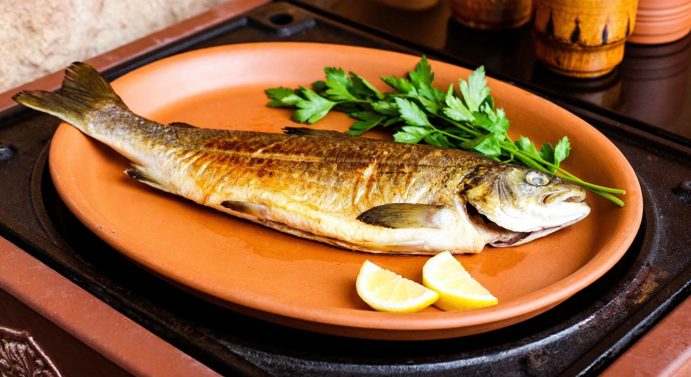 A golden-brown trout sizzling on a traditional clay tile in a warm, rustic Turkish kitchen, with fresh herbs and lemon slices arranged beside it.