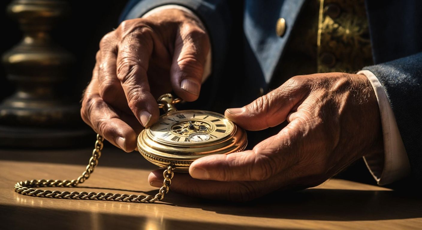 A close-up of an elderly Turkish man’s weathered hands carefully winding an ornate antique pocket watch with a golden chain, his fingers gently turning the winding crown while warm sunlight reflects off the polished brass casing.