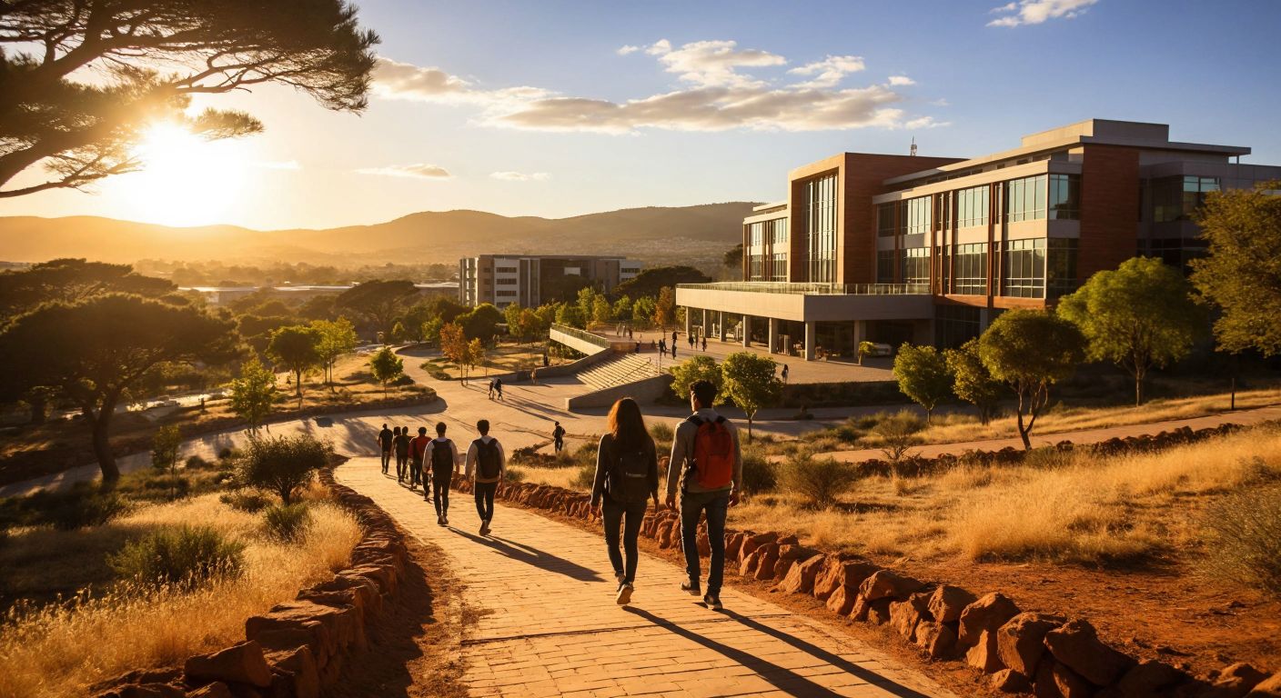 A sunlit university campus in Kırklareli with students walking near a modern academic building, contrasted by a rugged mountain biking trail through the dusty hills of South Africa's Western Cape.