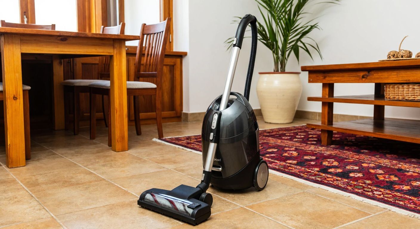 A modern Turkish home with a sleek Homend vacuum cleaner placed on a tiled floor, surrounded by warm wooden furniture and a patterned rug, evoking pride in local craftsmanship.