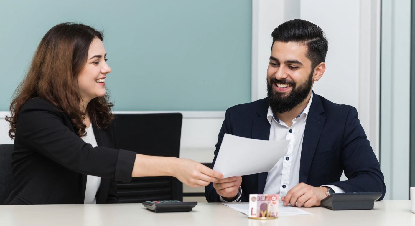 A smiling bank employee in a professional setting hands a document to a relieved-looking worker in casual attire, with a small stack of Turkish lira bills and a calculator on the desk between them.