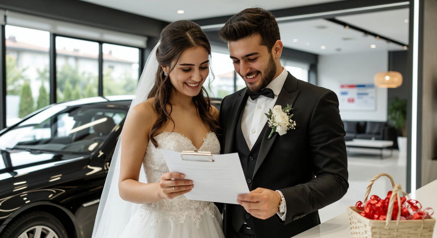 A young Turkish couple in formal wedding attire smiles while reviewing insurance documents at a Türkiye Sigorta office, with a sleek car and a gift basket visible in the background.