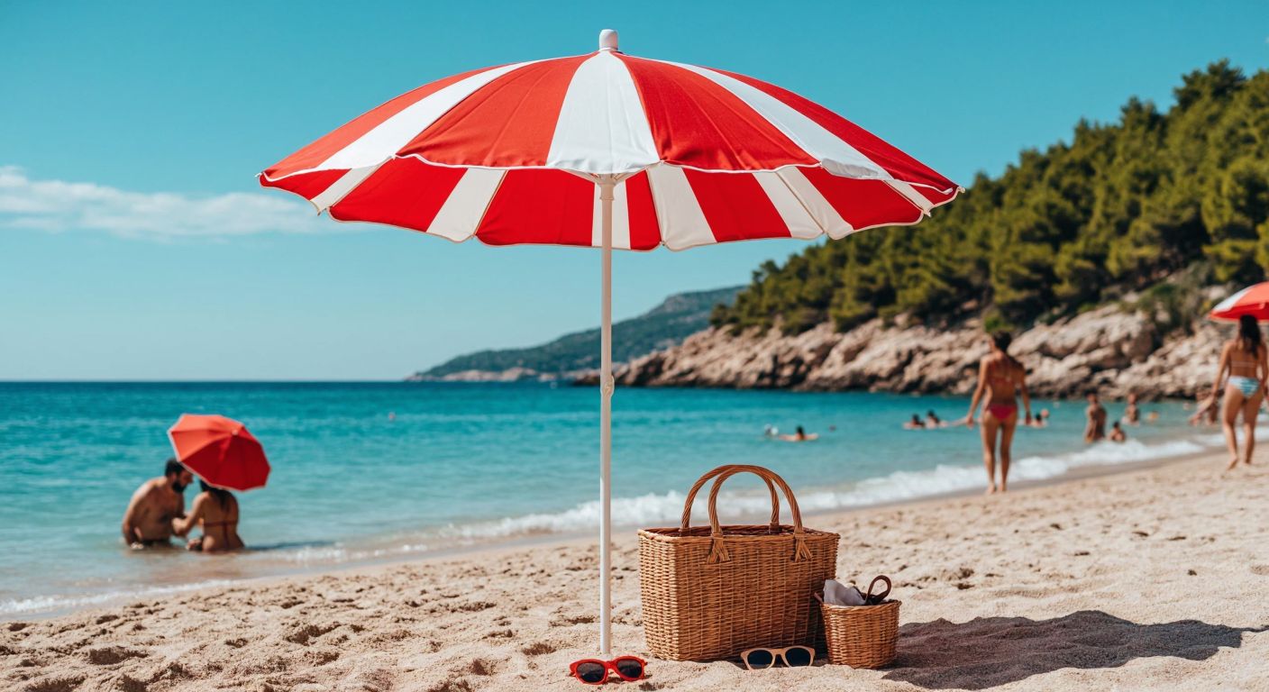 A vibrant red-and-white striped Elisa sun umbrella stands firmly planted in golden sand at a sunny Turkish beach, shading a woven picnic basket and a pair of sunglasses while families play in the turquoise water nearby.