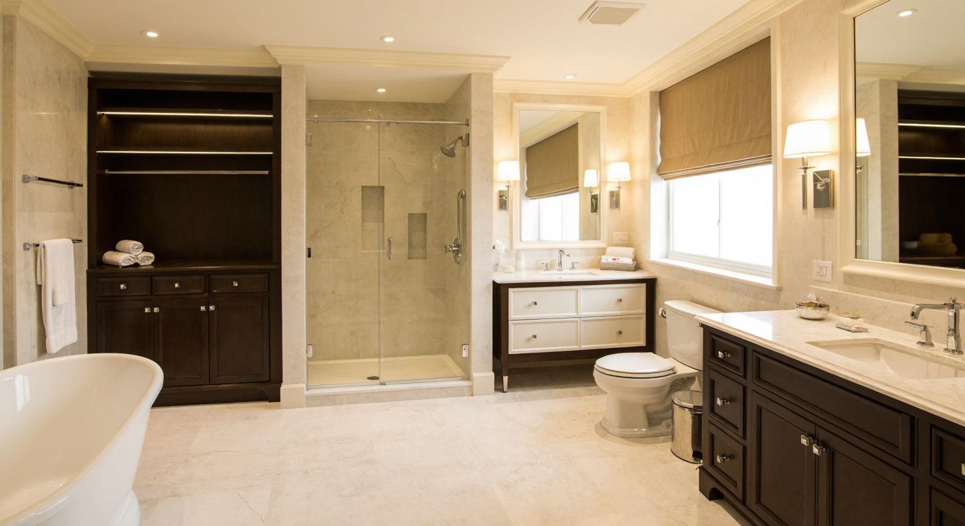 A spacious, luxurious bathroom with a freestanding bathtub, a separate glass shower cabin, a sleek sink, and a toilet, all arranged elegantly in a well-lit, marble-tiled space.