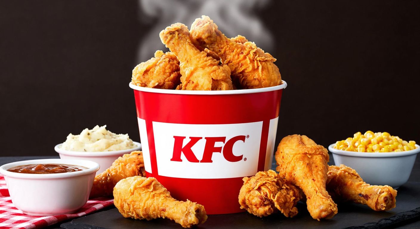 A vibrant red-and-white KFC bucket overflowing with crispy golden fried chicken pieces, surrounded by small bowls of mashed potatoes, gravy, and corn, with steam rising invitingly from the hot food.