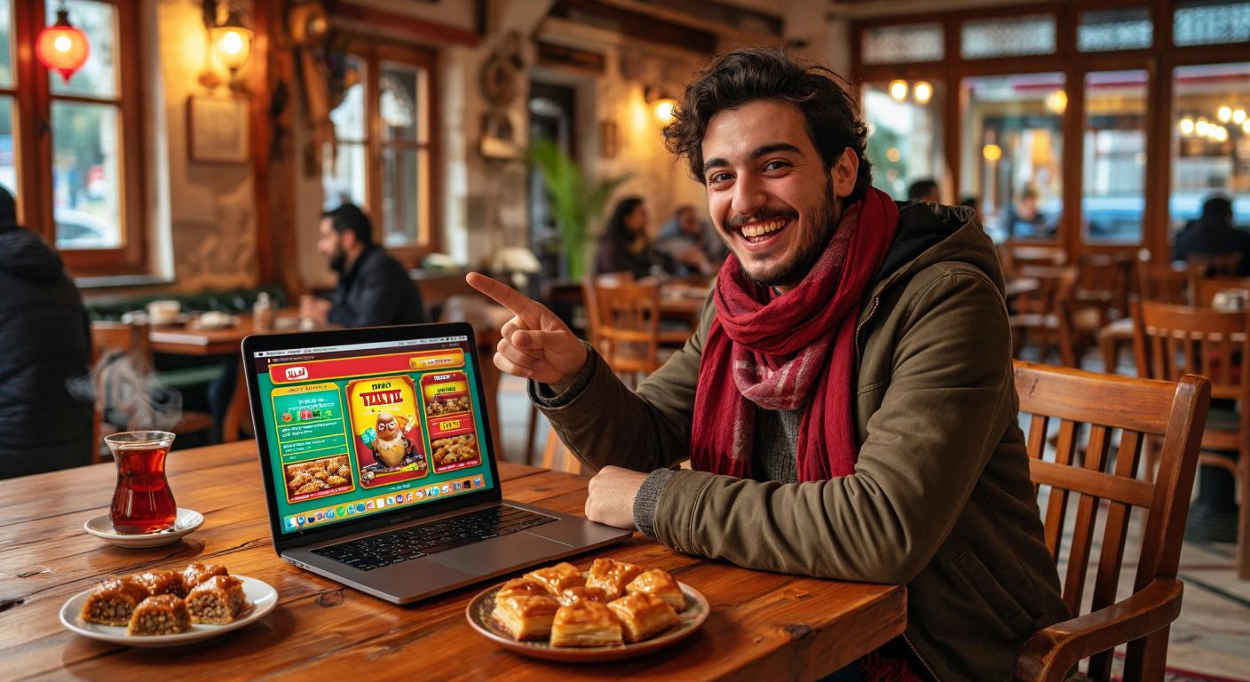 A smiling person in Turkey sits at a wooden table with a laptop open, pointing excitedly at the screen displaying a colorful lottery ticket interface, surrounded by steaming çay and a plate of baklava.