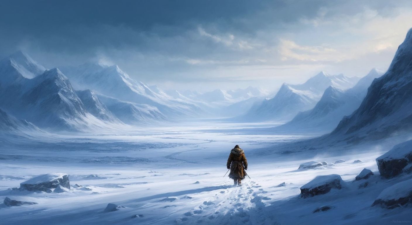 A vast Siberian landscape covered in thick snow and ice under a clear blue sky, with distant mountains trapping cold air in the valleys, while a lone figure bundled in heavy fur clothing trudges through the freezing wind.