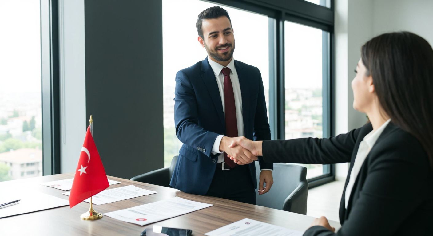 A well-dressed Turkish businessman in a modern Istanbul office shakes hands with a client across a table covered with documents, certificates, and a small Turkish flag, symbolizing professional consultancy services.