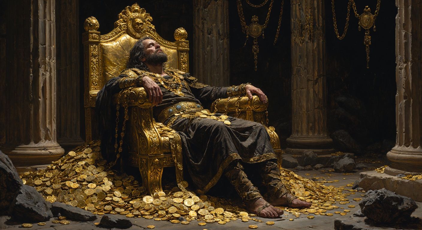 A golden throne overflowing with ancient coins and jewels, surrounded by a dimly lit treasury, with a shadowy figure sitting slumped in despair amidst the wealth.
