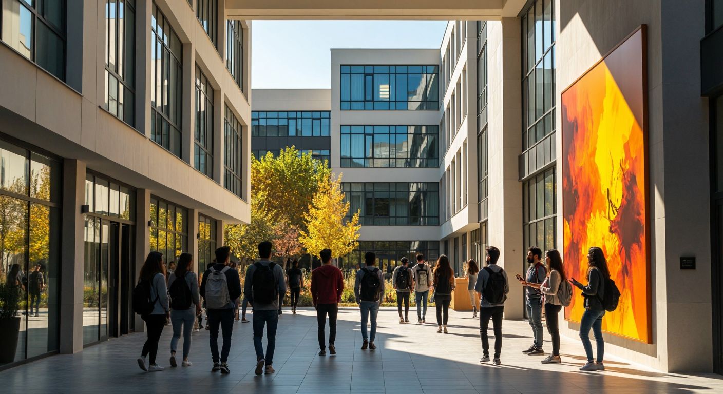 A modern university campus in Turkey with students walking between buildings, a professor lecturing in a sunlit classroom, and a group discussing near a vibrant student club poster.