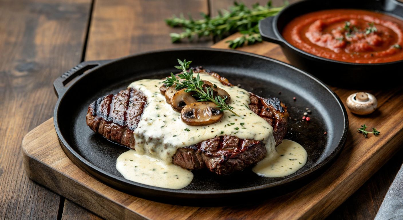 A sizzling **kontrfile steak** drizzled with creamy **cheese sauce**, garnished with fresh herbs, placed on a rustic wooden table alongside a bowl of **tomato sauce** and a small pan of **mushroom sauce**, evoking warmth and rich flavors.