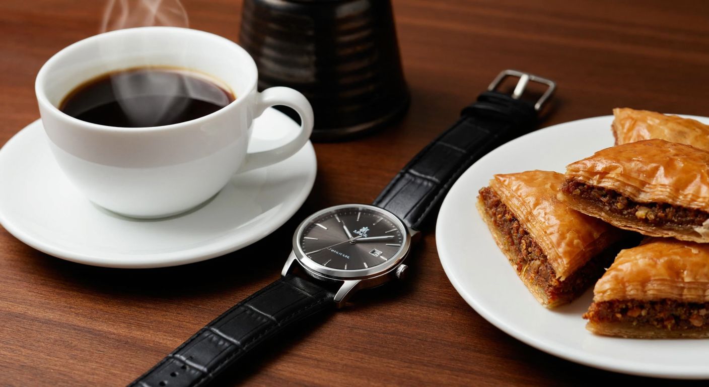 A stylish Italian Kappa wristwatch with a sleek black strap and polished silver case, resting on a wooden table beside a steaming cup of Turkish coffee and a plate of baklava.
