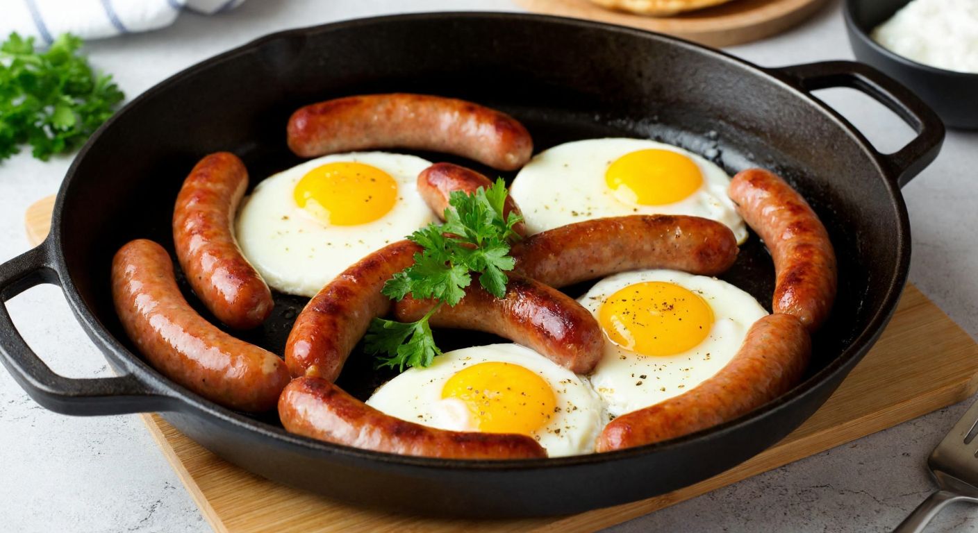 A sizzling cast-iron pan with golden-brown sausages and sunny-side-up eggs, garnished with fresh parsley, set against a rustic Turkish kitchen backdrop.