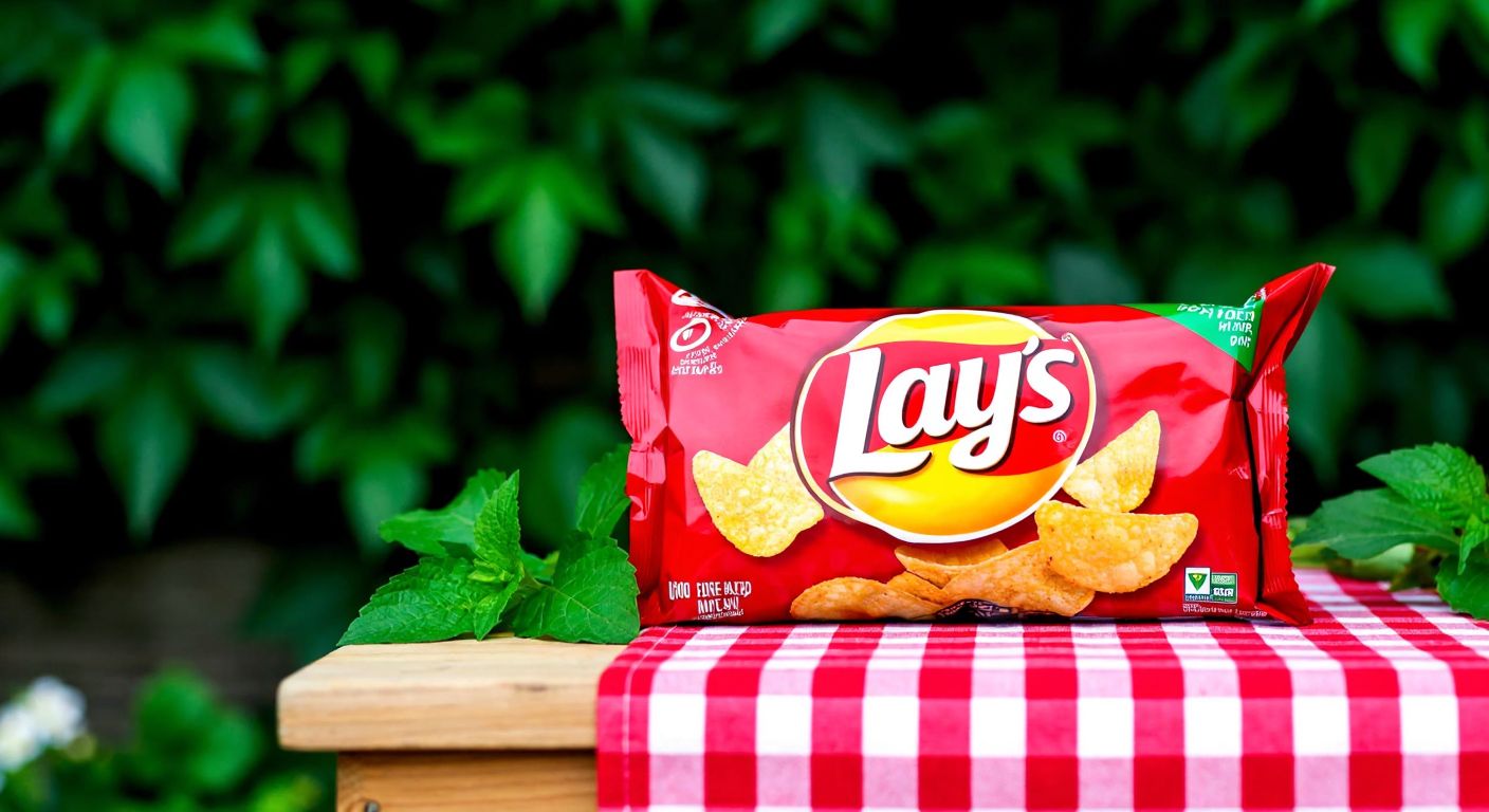 A colorful bag of Lay's chips resting on a wooden picnic table with a red-and-white checkered tablecloth, surrounded by fresh green leaves and a faint backdrop of an American flag.