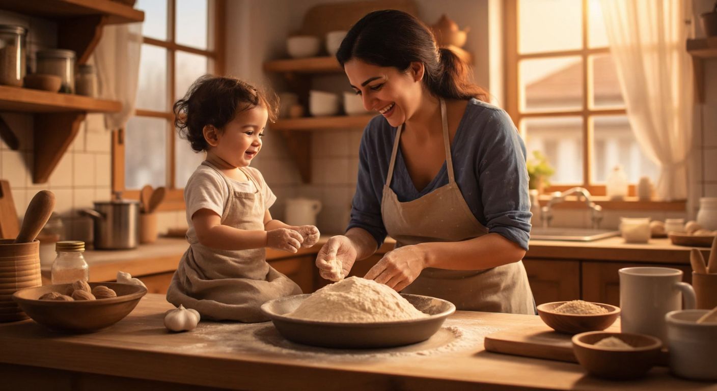 A smiling Turkish mother in a cozy kitchen kneading soft dough made from whole wheat flour, with a small bowl of oat flour and organic rice flour nearby, while a curious baby watches from a high chair.