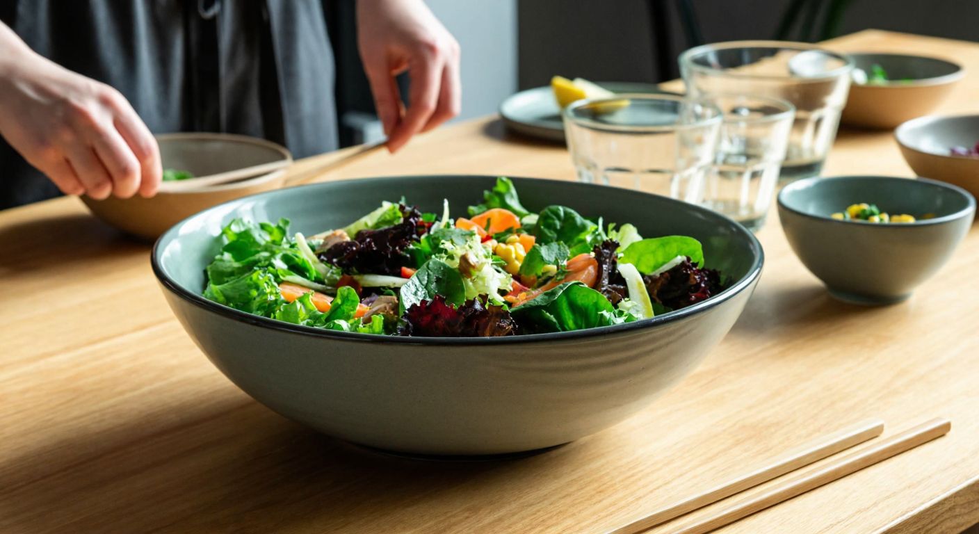 A deep, large ceramic bowl filled with a colorful, fresh salad sits on a wooden table, surrounded by bamboo and glass bowls of various sizes.