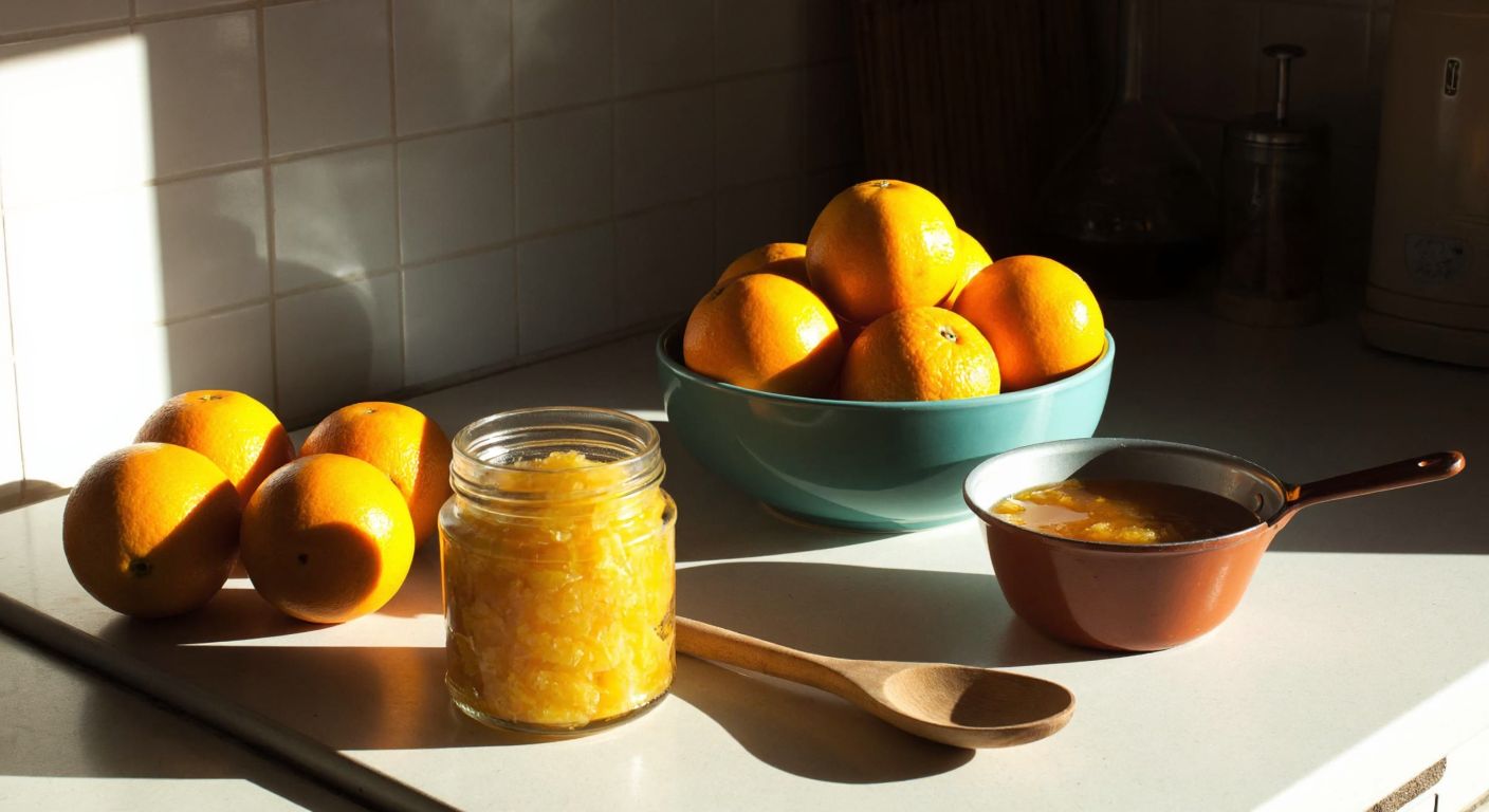 A sunlit Turkish kitchen counter with a bowl of fresh bitter oranges, a jar of orange marmalade, and a wooden spoon resting beside a small pot of simmering citrus peels, evoking warmth and culinary tradition.
