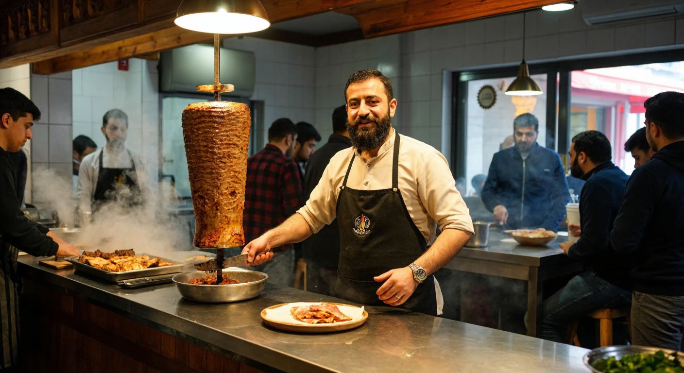 A bearded man in a traditional Ottoman-style apron stands proudly behind a wooden counter in a bustling Bursa eatery, slicing thin layers of sizzling döner kebab from a vertical spit while steam rises and customers eagerly watch.