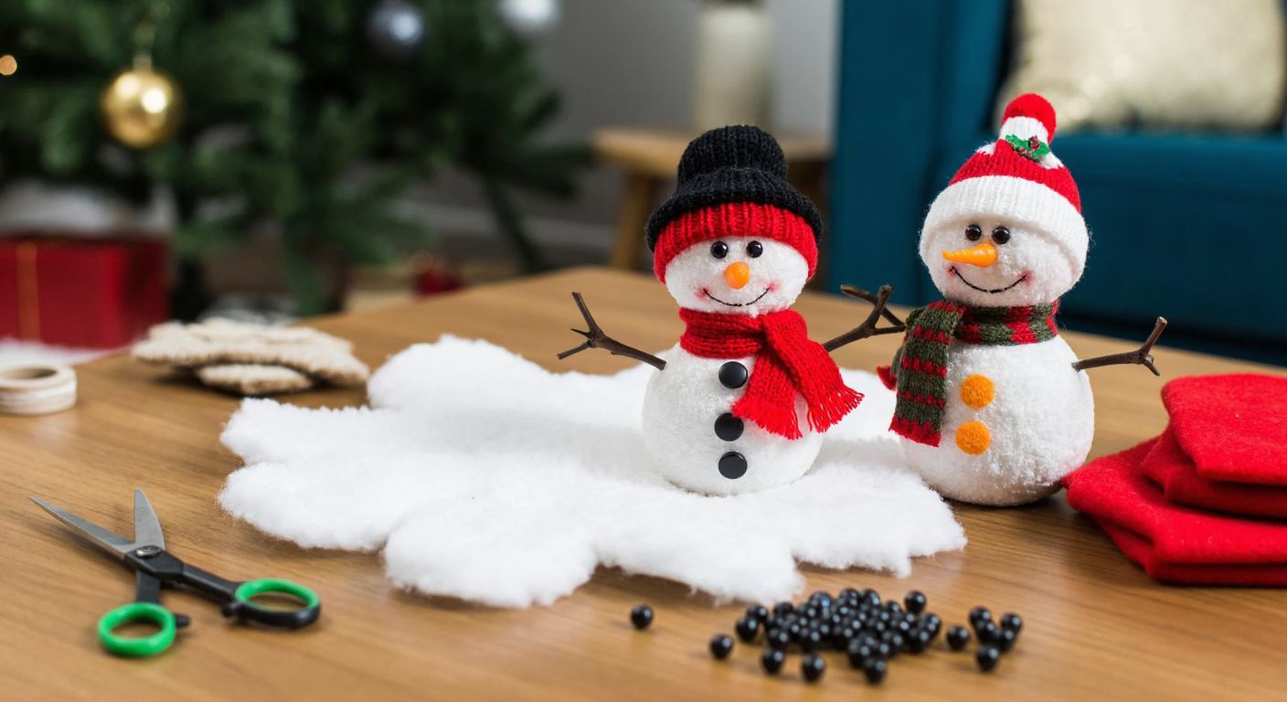 A cozy Turkish living room with a wooden table covered in white and orange felt, scissors, glue, and black beads, where a smiling family crafts a small snowman ornament with a tiny knitted scarf and hat.