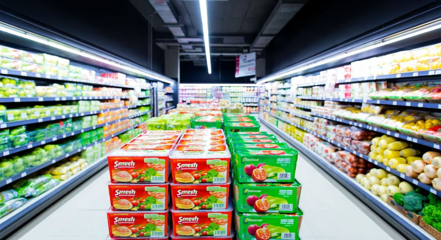 A vibrant supermarket aisle in Turkey with neatly stacked **SuperFresh** frozen food packages, featuring colorful images of vegetables and fruits, under bright fluorescent lights.