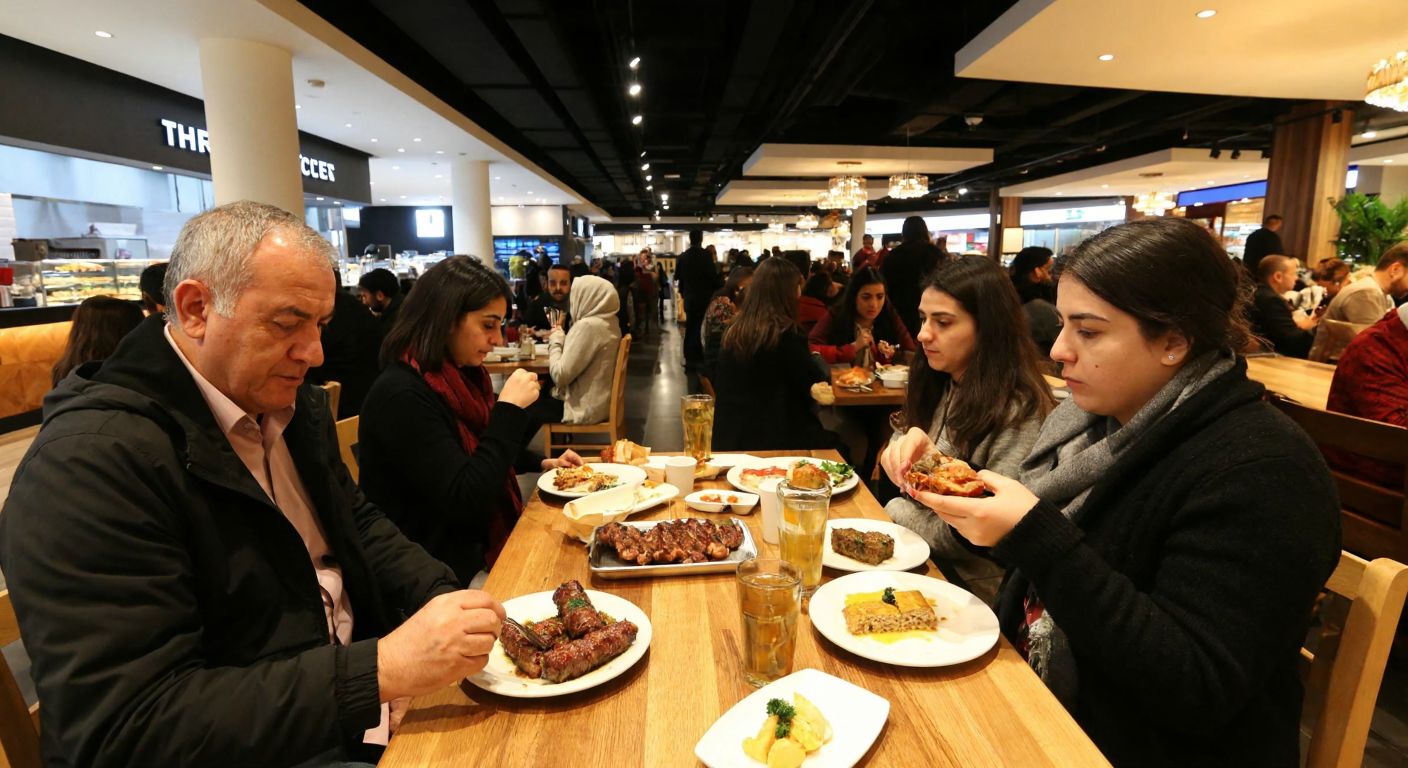 A bustling food court in Trump AVM, Istanbul, with people of diverse ages enjoying Turkish dishes like kebabs and baklava at wooden tables under warm lighting.